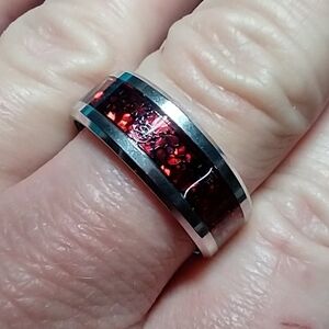 Silvertone red gear industrial band ring gothic